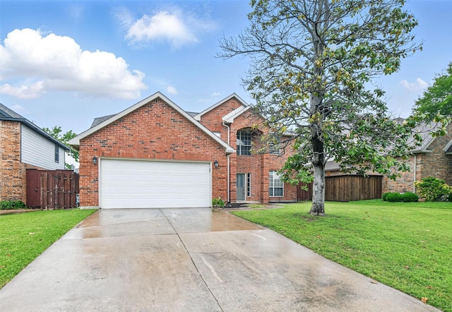 traditional-style home with driveway, a garage, brick siding, fence, and a front lawn