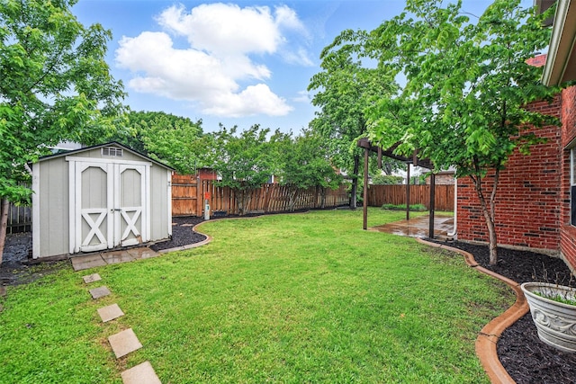 view of yard featuring a fenced backyard, a storage unit, and an outdoor structure