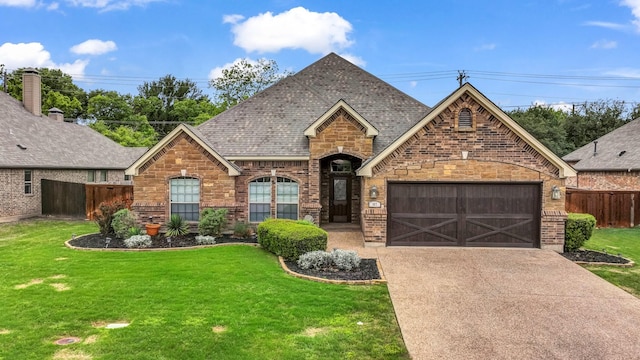 view of front facade with a front lawn, fence, brick siding, concrete driveway, and an attached garage
