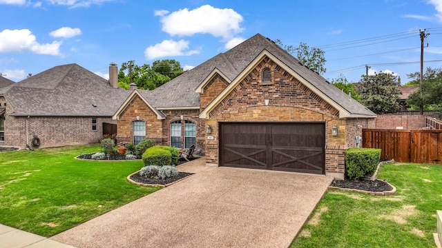view of front facade featuring fence, a front lawn, brick siding, a garage, and driveway