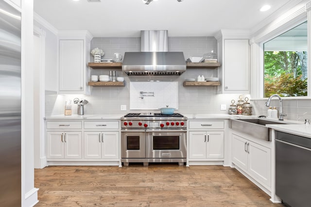 kitchen with a sink, open shelves, range hood, and stainless steel appliances