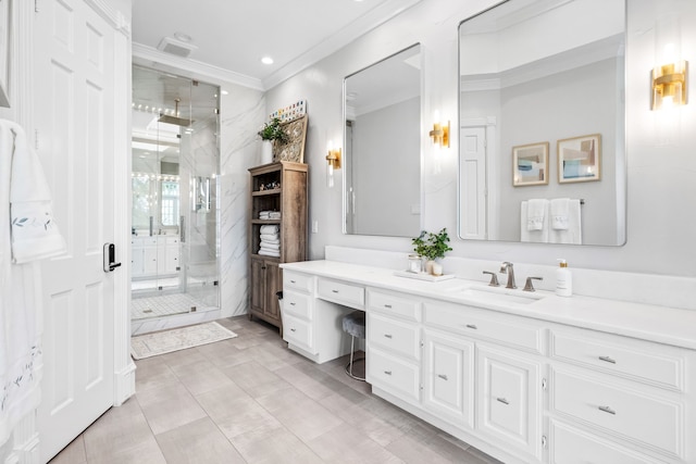 full bath featuring crown molding, vanity, a stall shower, and recessed lighting