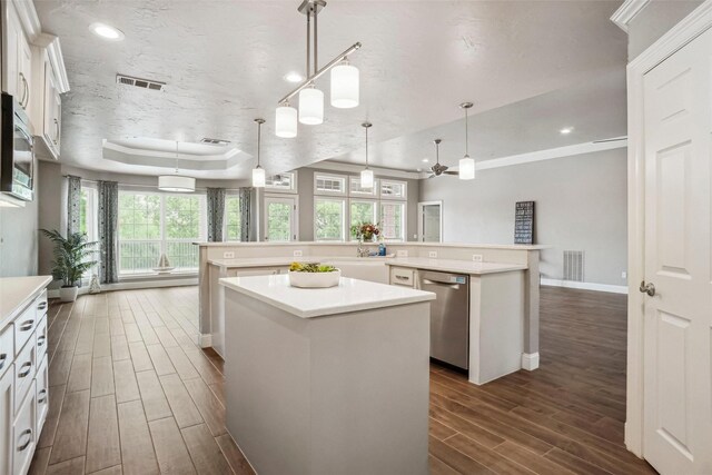 7312 Bishop Ct, Fort Worth, TX 76179 - unfurnished living room featuring a tray ceiling, baseboards, healthy amount of natural light, and crown molding