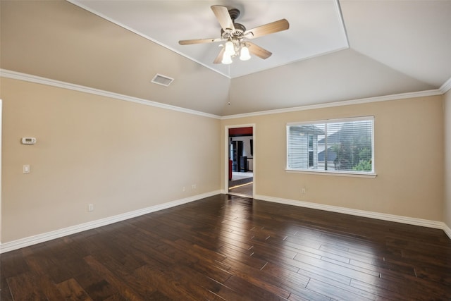 empty room featuring visible vents, baseboards, ceiling fan, dark wood-style floors, and vaulted ceiling