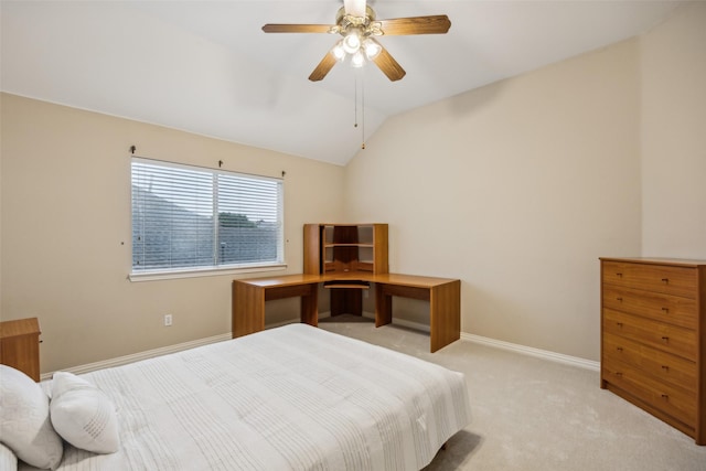 bedroom featuring light colored carpet, baseboards, vaulted ceiling, and ceiling fan