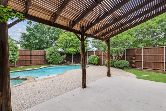 view of swimming pool featuring a pergola, a fenced in pool, a fenced backyard, and a patio area