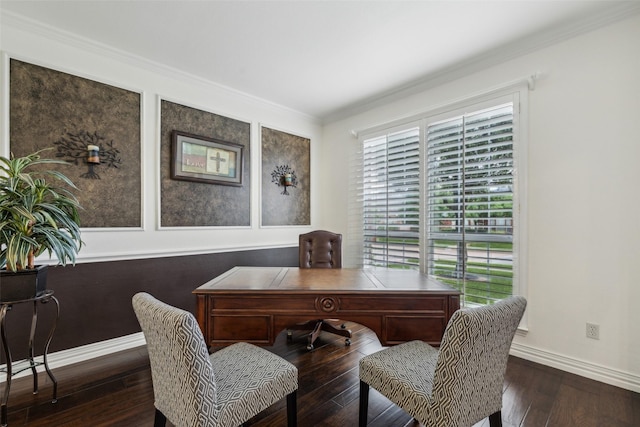 office space featuring crown molding, baseboards, and wood-type flooring
