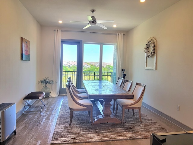 dining space with recessed lighting, a ceiling fan, baseboards, and wood finished floors
