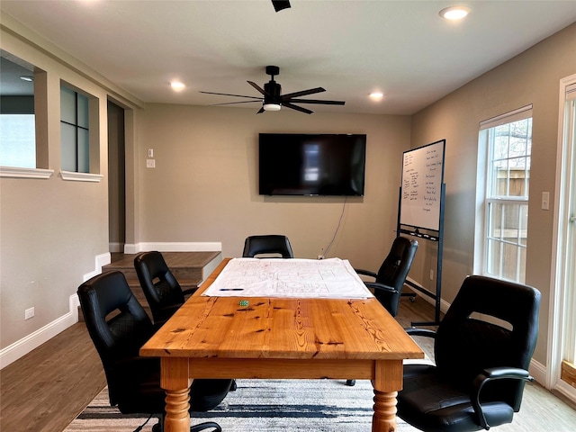 office with baseboards, a ceiling fan, recessed lighting, and wood finished floors