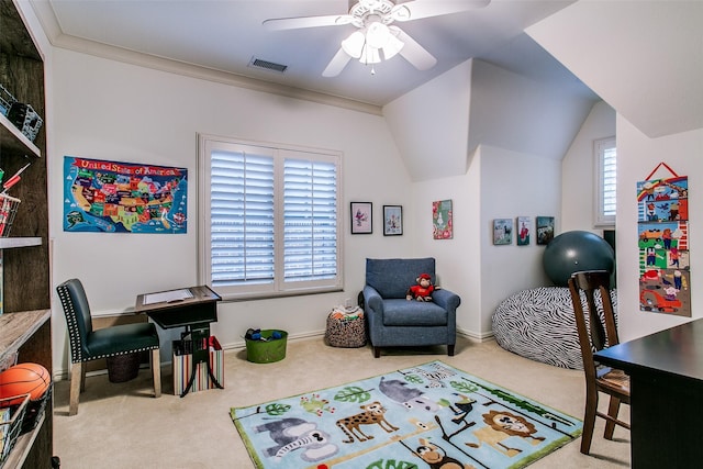 rec room featuring carpet floors, baseboards, a ceiling fan, and visible vents