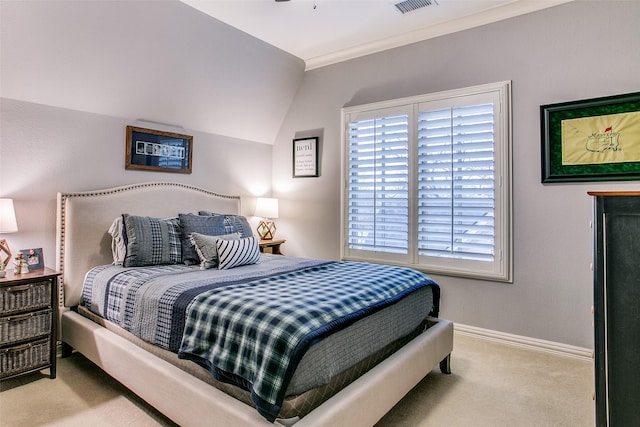 carpeted bedroom with baseboards, crown molding, visible vents, and multiple windows
