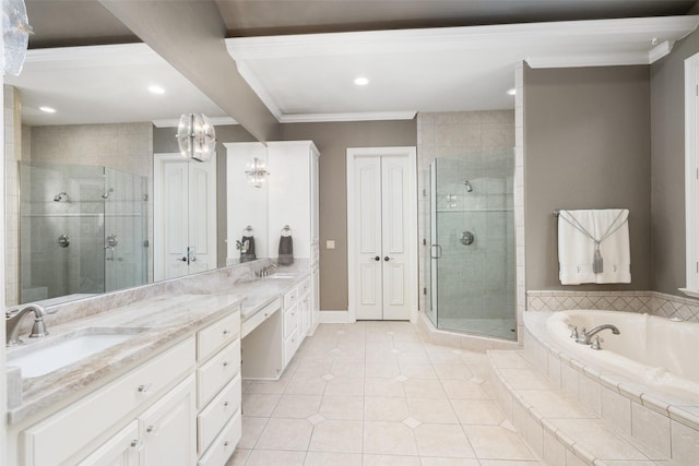 full bath with crown molding, a sink, a garden tub, and a stall shower