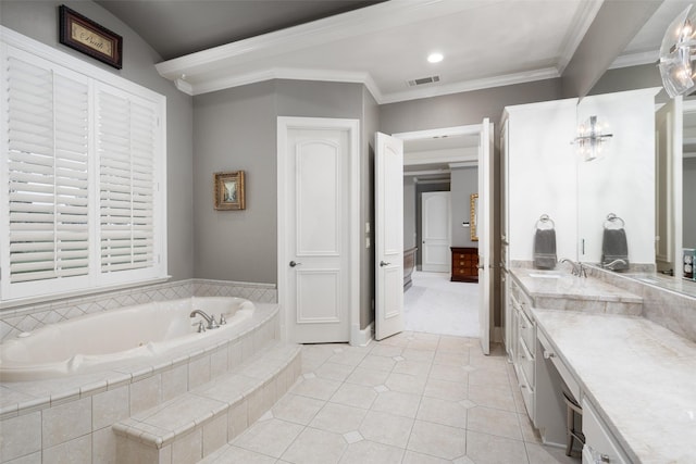 full bath featuring visible vents, crown molding, tile patterned flooring, vanity, and a bath