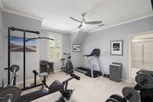 workout area featuring crown molding, carpet floors, a ceiling fan, baseboards, and visible vents
