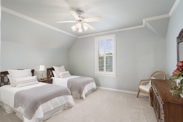 bedroom featuring ceiling fan, baseboards, lofted ceiling, ornamental molding, and light carpet
