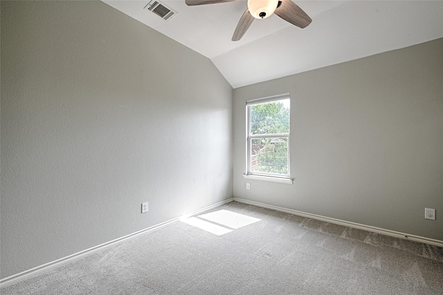 2620 Argyle Shore Dr, Rockwall, TX 75087 - carpeted spare room with visible vents, a ceiling fan, baseboards, and vaulted ceiling