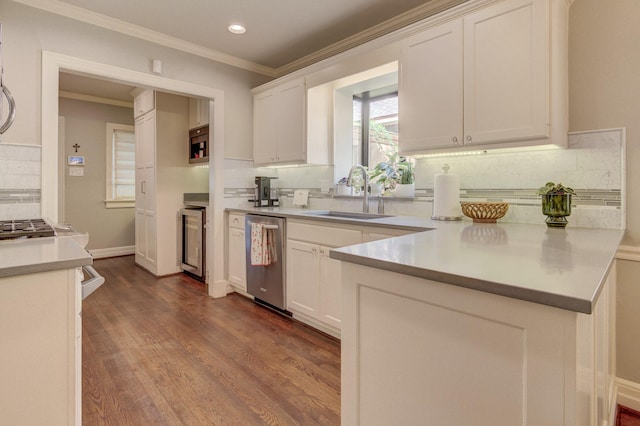 kitchen with a sink, dishwasher, white cabinetry, decorative backsplash, and ornamental molding