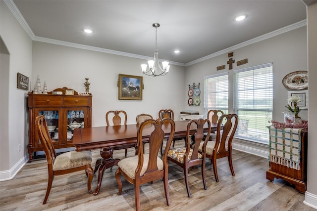 1314 Fleming Rd, Bells, TX 75414 - dining area with crown molding, an inviting chandelier, light wood-style floors, recessed lighting, and baseboards