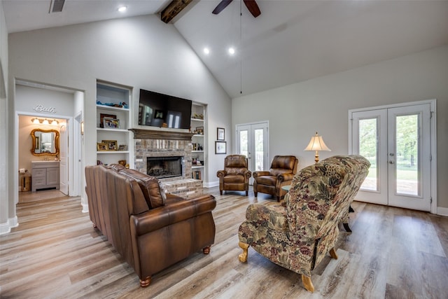 1314 Fleming Rd, Bells, TX 75414 - living room featuring ceiling fan, french doors, beam ceiling, high vaulted ceiling, and a wealth of natural light