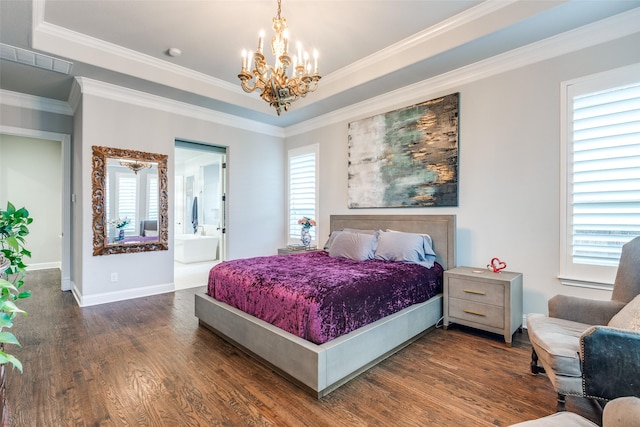 1110 Holford Dr, Frisco, TX 75036 - bedroom with visible vents, wood finished floors, baseboards, an inviting chandelier, and ornamental molding