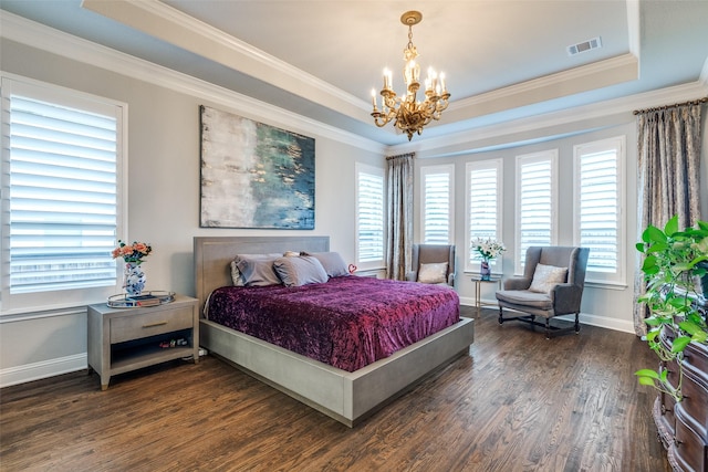 1110 Holford Dr, Frisco, TX 75036 - bedroom with visible vents, a raised ceiling, a chandelier, and multiple windows