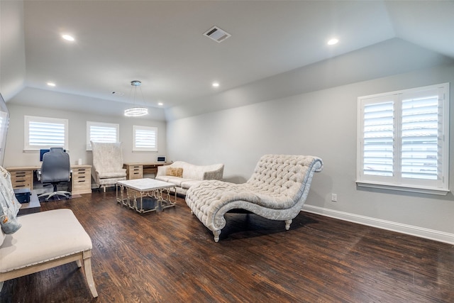 1110 Holford Dr, Frisco, TX 75036 - living room with visible vents, wood finished floors, baseboards, lofted ceiling, and recessed lighting