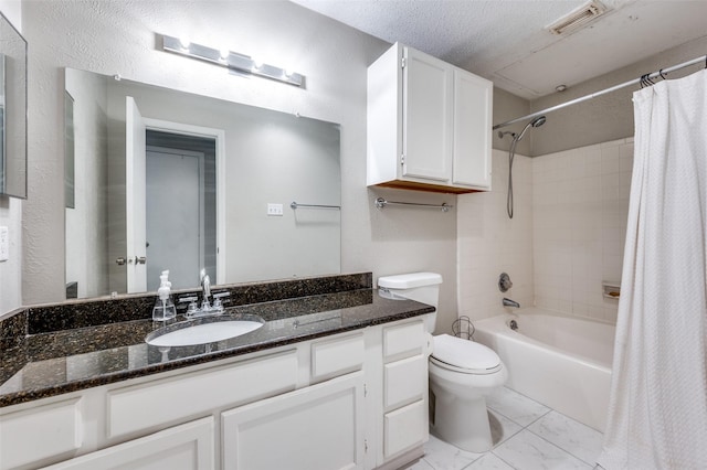 full bathroom featuring vanity, toilet, marble finish floor, shower / tub combo, and visible vents