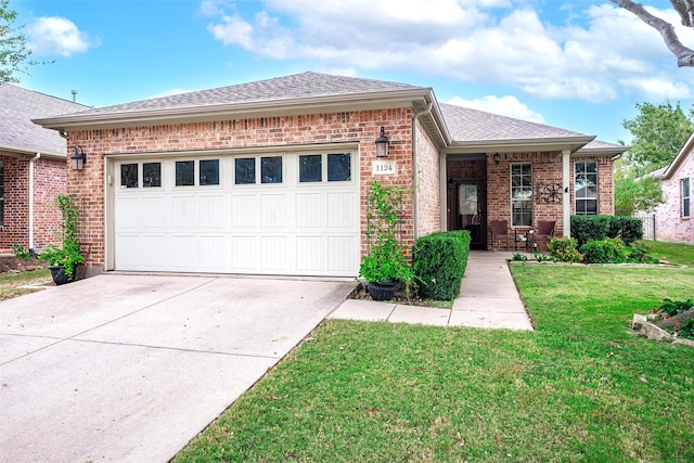 1124 Burnswick Isles Way, Frisco, TX 75036 - view of front facade featuring an attached garage, brick siding, a front lawn, concrete driveway, and a shingled roof