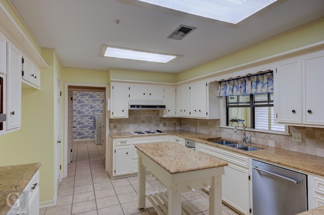 5030 Old Mooringsport Rd, Shreveport, LA 71107 - kitchen with backsplash, visible vents, stainless steel dishwasher, a sink, and under cabinet range hood