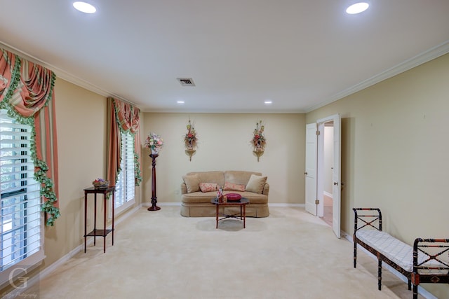 5030 Old Mooringsport Rd, Shreveport, LA 71107 - sitting room featuring ornamental molding, light colored carpet, recessed lighting, and visible vents