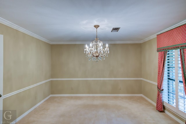5030 Old Mooringsport Rd, Shreveport, LA 71107 - carpeted spare room with crown molding, baseboards, visible vents, and a chandelier