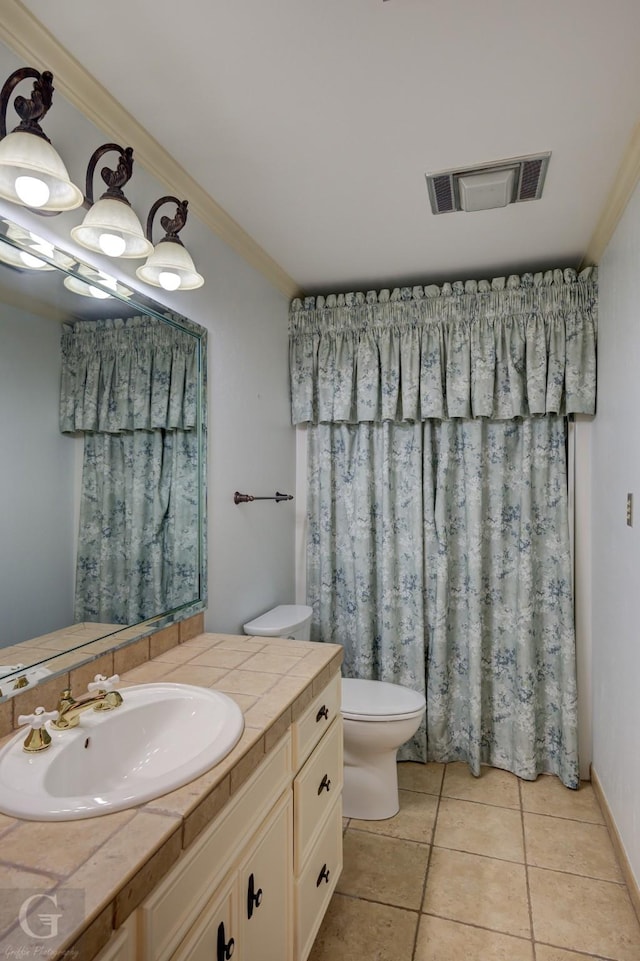5030 Old Mooringsport Rd, Shreveport, LA 71107 - bathroom with visible vents, tile patterned flooring, vanity, toilet, and ornamental molding