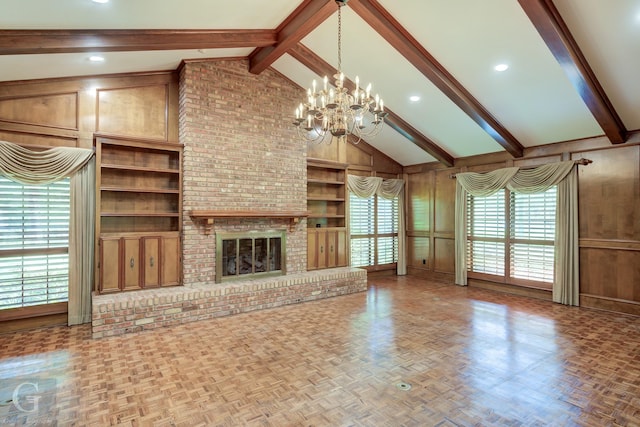 5030 Old Mooringsport Rd, Shreveport, LA 71107 - unfurnished living room with an inviting chandelier, wood walls, and beamed ceiling