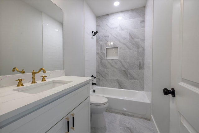 full bath featuring vanity, marble finish floor, shower / bathtub combination, toilet, and recessed lighting