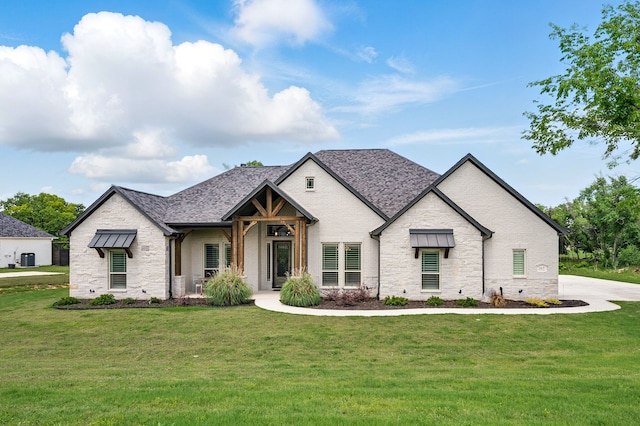 317 Wayward Spur, Springtown, TX 76082 - french provincial home with stone siding, a front yard, and a shingled roof