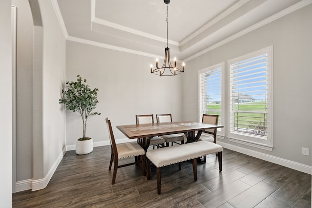 317 Wayward Spur, Springtown, TX 76082 - dining area featuring a tray ceiling, a chandelier, dark wood-type flooring, baseboards, and crown molding