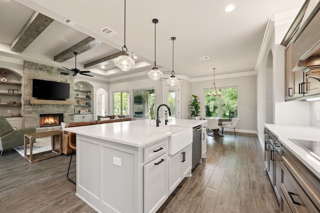 317 Wayward Spur, Springtown, TX 76082 - kitchen with a sink, dishwasher, ceiling fan, a fireplace, and dark wood finished floors