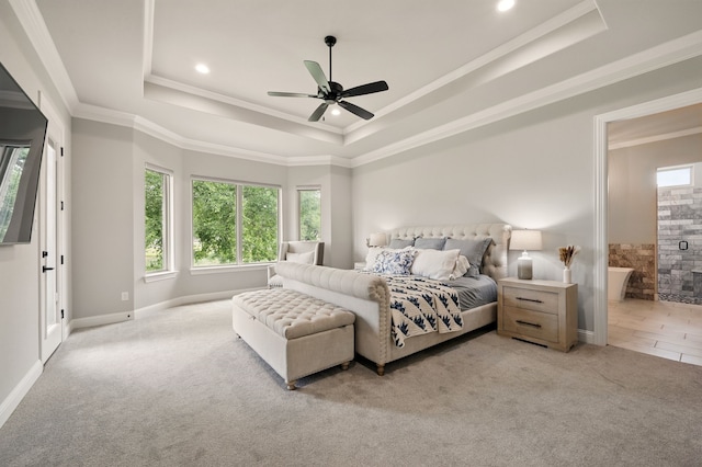 317 Wayward Spur, Springtown, TX 76082 - bedroom with a raised ceiling, light carpet, ornamental molding, connected bathroom, and recessed lighting