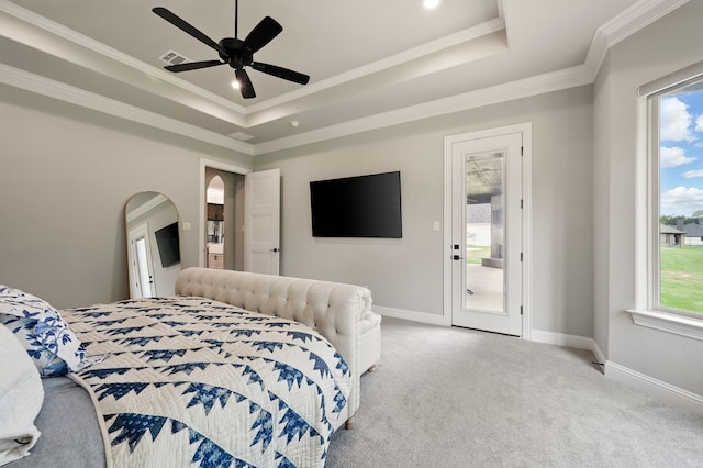317 Wayward Spur, Springtown, TX 76082 - bedroom featuring a tray ceiling, access to outside, light colored carpet, ornamental molding, and baseboards