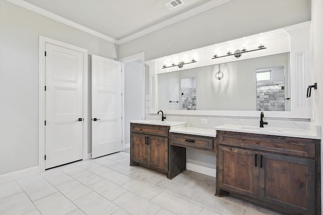 bathroom with a sink, double vanity, visible vents, ornamental molding, and tiled shower
