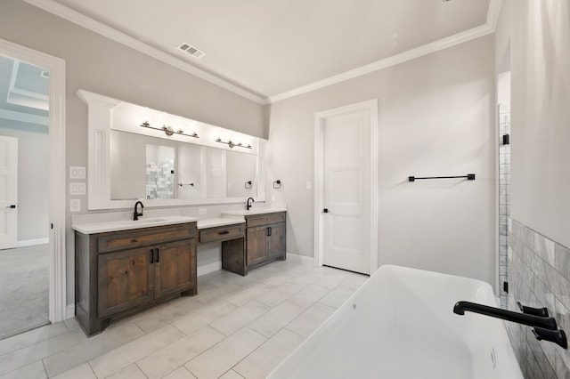317 Wayward Spur, Springtown, TX 76082 - full bathroom featuring a soaking tub, vanity, ornamental molding, and baseboards