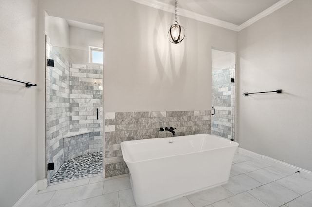 317 Wayward Spur, Springtown, TX 76082 - full bathroom with a stall shower, ornamental molding, a soaking tub, tile walls, and tile patterned floors