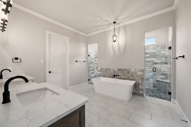 317 Wayward Spur, Springtown, TX 76082 - bathroom with a shower stall, vanity, a freestanding bath, ornamental molding, and tile walls
