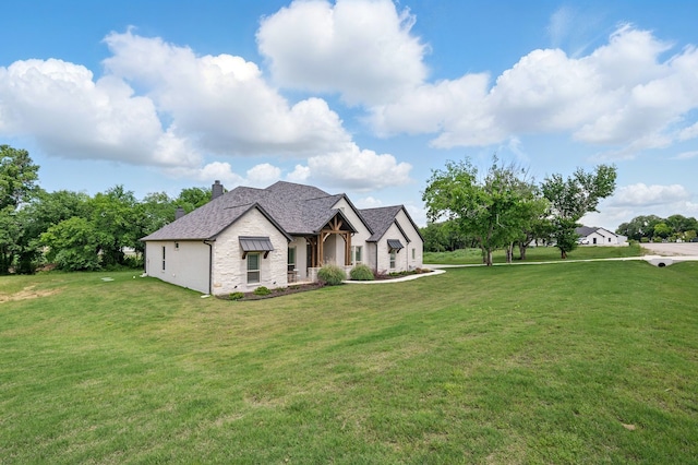 317 Wayward Spur, Springtown, TX 76082 - view of side of home with a lawn, stone siding, and a chimney