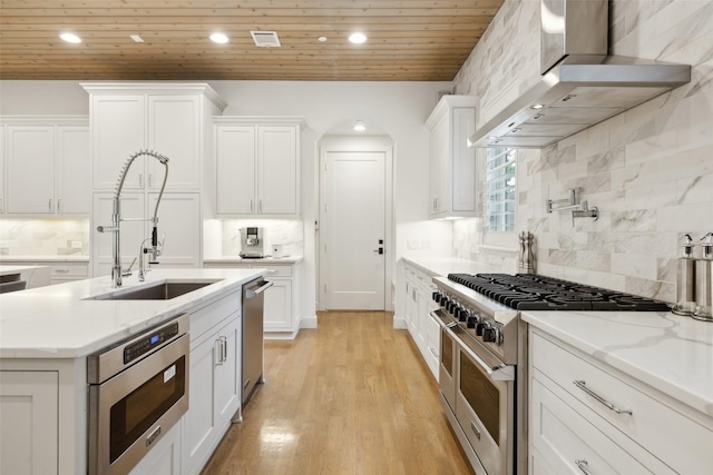 kitchen with white cabinets, appliances with stainless steel finishes, a sink, wall chimney exhaust hood, and decorative backsplash