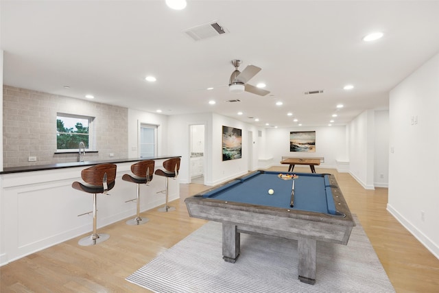 recreation room featuring pool table, ceiling fan, light wood-type flooring, and visible vents