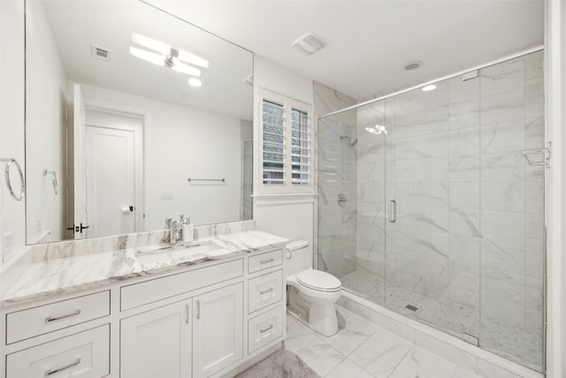 bathroom with toilet, visible vents, marble finish floor, and a stall shower