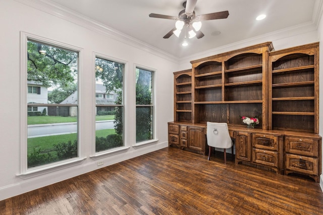office featuring crown molding, ceiling fan, dark wood finished floors, and a healthy amount of sunlight