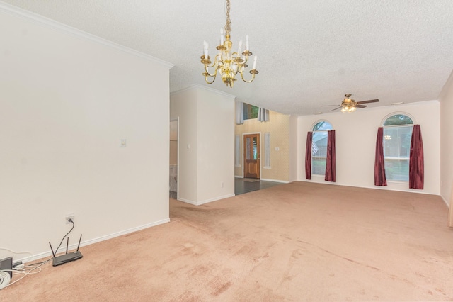 7208 Stoddard Ln, Plano, TX 75025 - unfurnished living room featuring crown molding, a textured ceiling, baseboards, and carpet