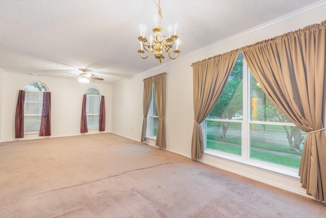 7208 Stoddard Ln, Plano, TX 75025 - unfurnished living room featuring carpet, a textured ceiling, ceiling fan with notable chandelier, and ornamental molding